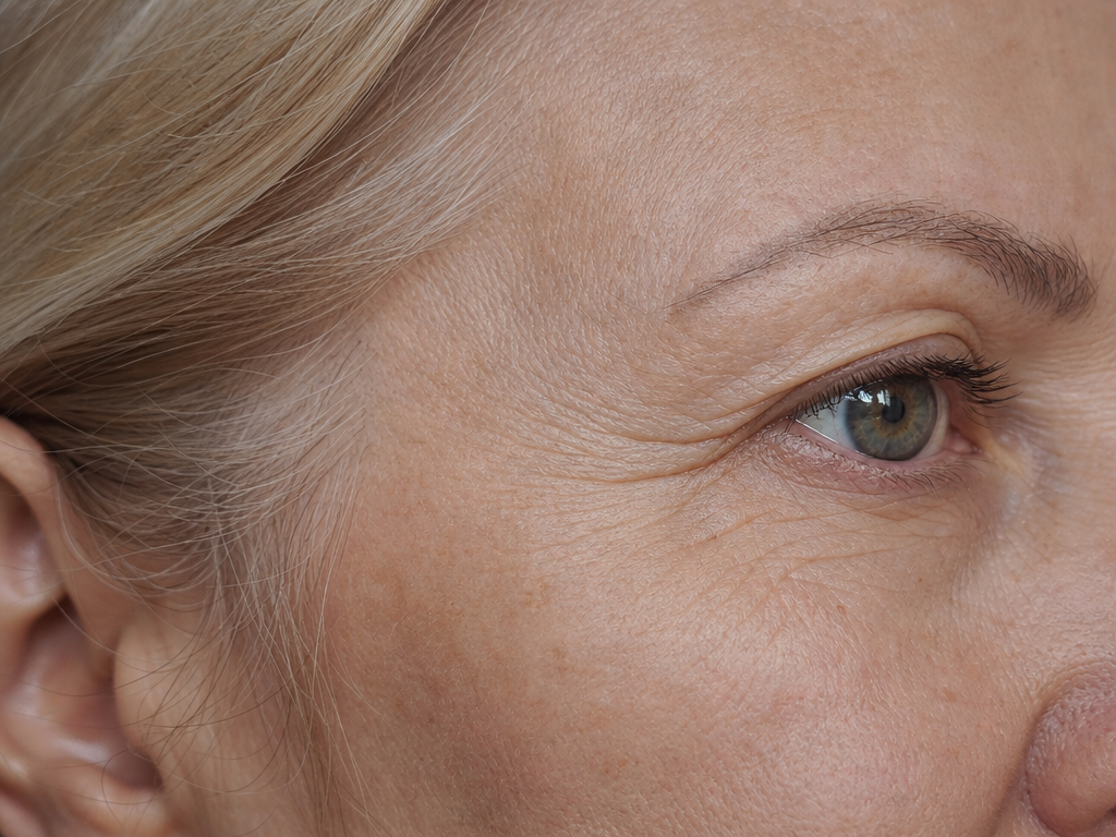 Close-up of fine lines and wrinkles on mature skin